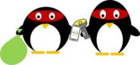 DIEBE-Pinguine, zwei Pinguine mit roten Augenbinden. Der linke hält einen Sack mit Diebesgut und ein Smartphone mit dem Rehapp-Logo. Der rechte hält eine Taschenlampe.