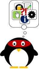 Ein gezeichneter Pinguin, mit roter Augenbinde, der eine gefüllte Gedankenblase über dem Kopf hat, welche mit App-Funktionen gefüllt ist.